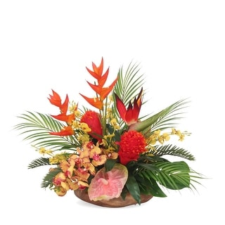 Assorted Tropical Flowers Arrangement in A Teak Wood Bowl - Red - On ...