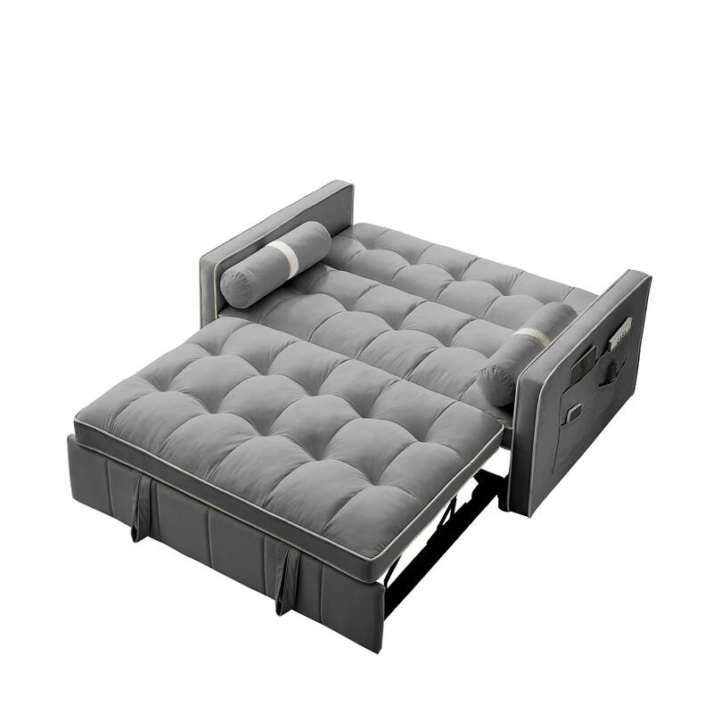 Velvet Pull Out Sleeper Sofa Bed, Adjustable Backrest Upholstered Tufted Couch Futon Sofa with 2 Pillows, Pockets