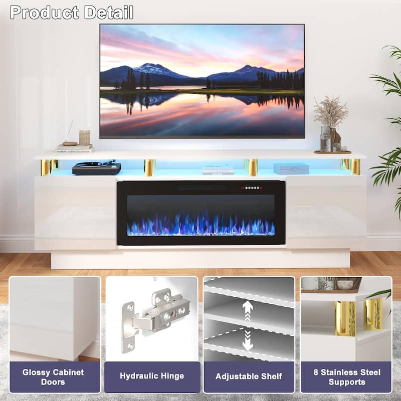 BOSSIN 70" Modern Electric Fireplace TV Stand, with Electronic Flame and LED Lights, High Gloss Finish Entertainment Center