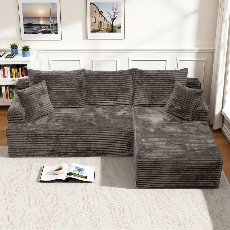 L-Shaped Corner Sectional Sofa Set with Side Chaise Lounge, Soft Foam Cushion Modular Sofa Corduroy Leisure Couch