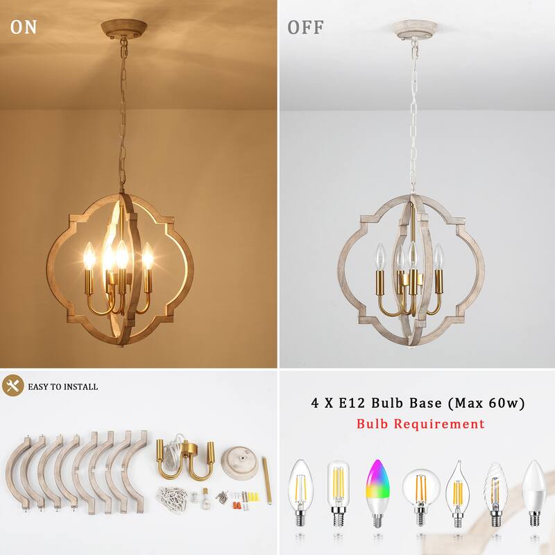 4-Light 16.33"W Wooden Lantern Rustic Chandeliers for Dining Room Kitchen