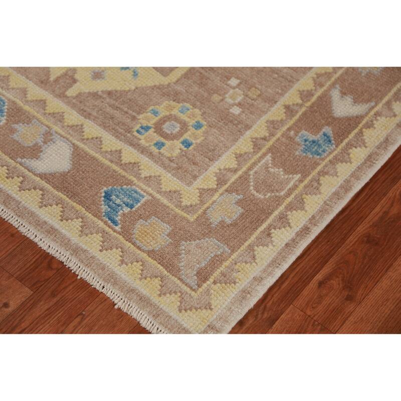 Hand Knotted Oriental 100% Wool Carpet Transitional Geometric Brown Oushak Runner Rug - 13' 6'' X 3' 0''