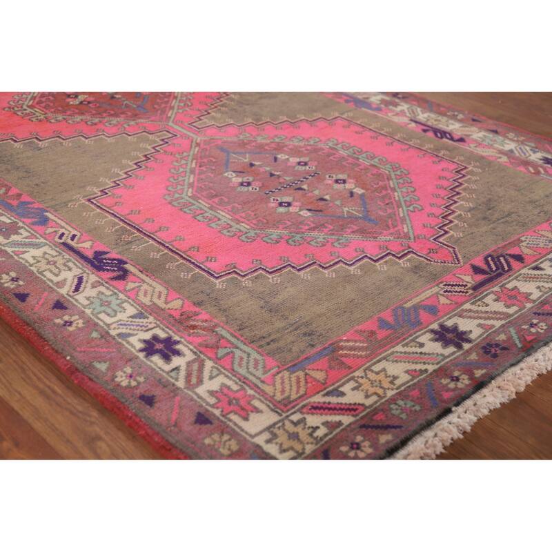 Pink Ardebil Persian Vintage Area Rug Hand-Knotted Wool Carpet - 3'11" x 7'7"