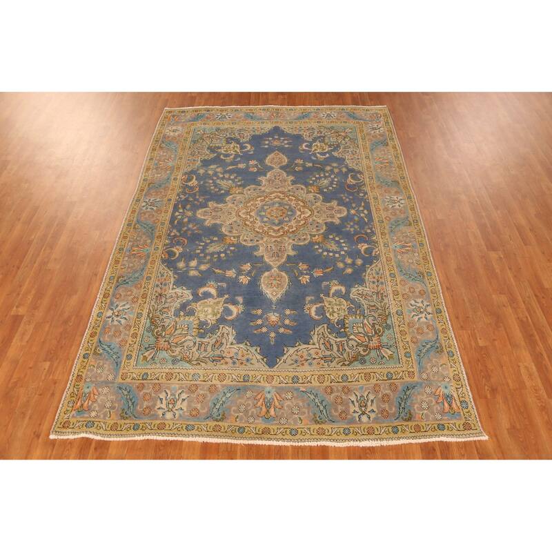 Hand Knotted Oriental 100% Wool Carpet Traditional Floral Navy Blue & Blues Tabriz Area Rug - 9' 10'' X 6' 7''