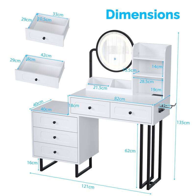 Particle Board Veneered White Bracket, White Iron Feet, 5-drawer 2-compartment 2-tier Rack Dressing Table - N/A