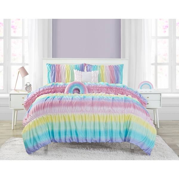 Rainbow Rouched Ultra Soft Microfiber Comforter Set with Rainbow Shaped Pillow & Ruffle Pillow