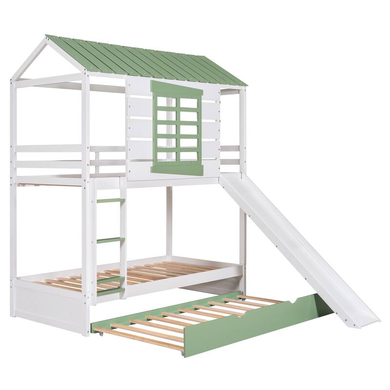 Roomfitters Twin Over Twin House Bunk Bed with Convertible Slide and Trundle, White and Green