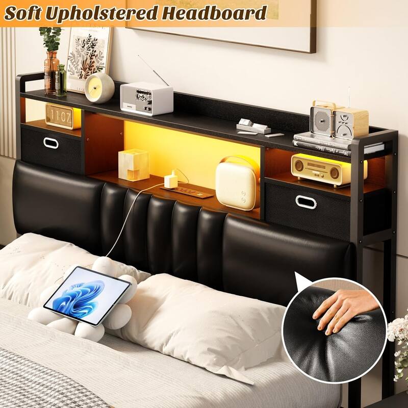 Upholstered Headboard with Drawer Storage and RGB LED Light, Sturdy Headboard with Charging Station ＆ Bookcase