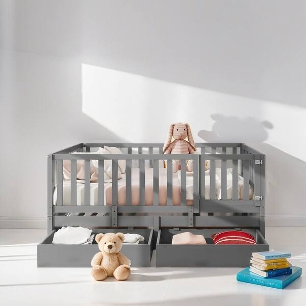 slide 2 of 27, Full Size Daybed with Fence Guardrails and Drawers Floor Bed and Daybed, Gray Grey