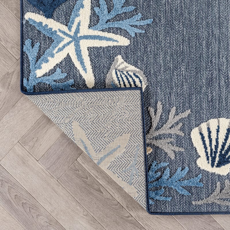 World Rug Gallery Indoor/Outdoor High-Low Textured Area Rug, Coastal Border Easy-Clean Patio Rug