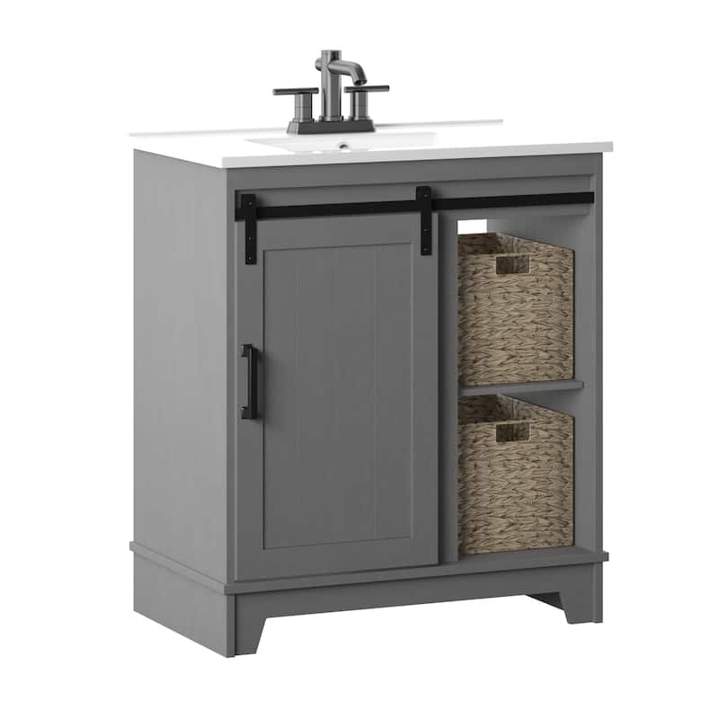 36" Sliding Barn Door Single Bathroom Vanity with Woven Baskets - Antique Gray