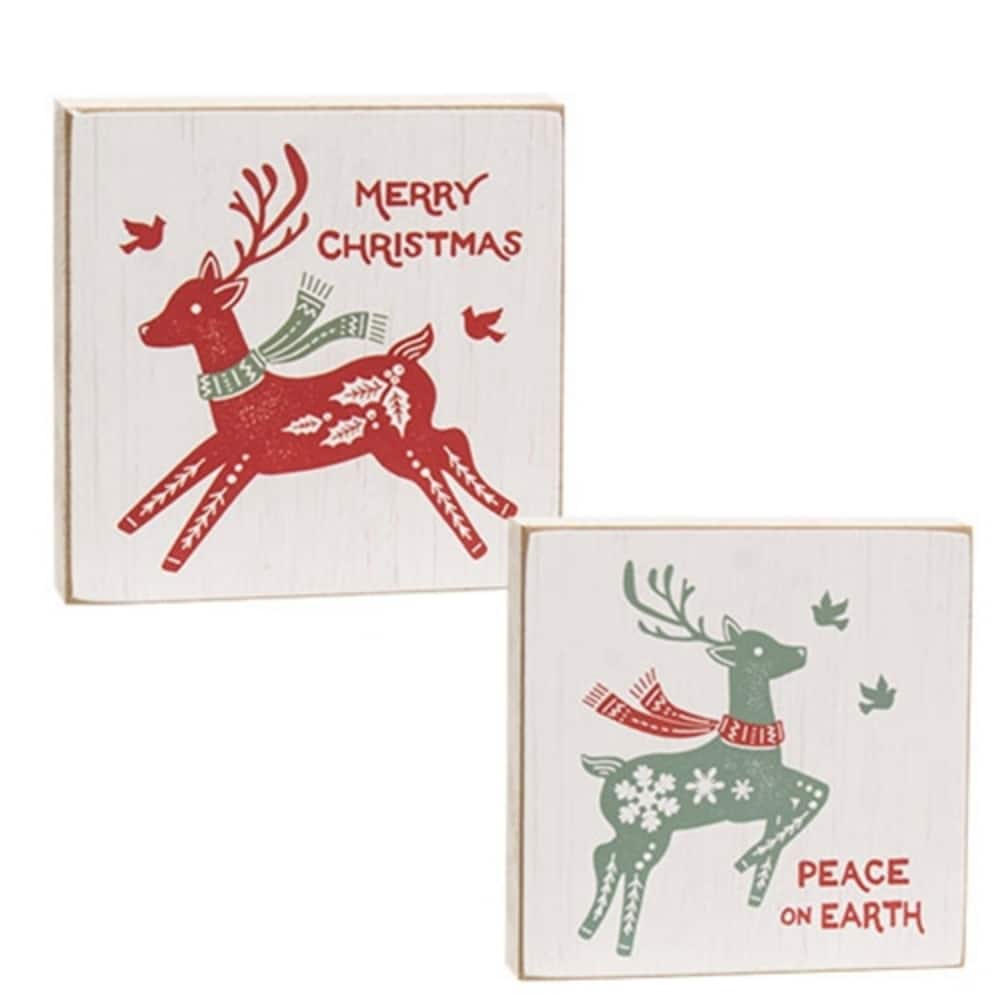 Rustic Yuletide Reindeer Wooden Block Signs 2 Asstd. - 5” x 0.75” x 5”