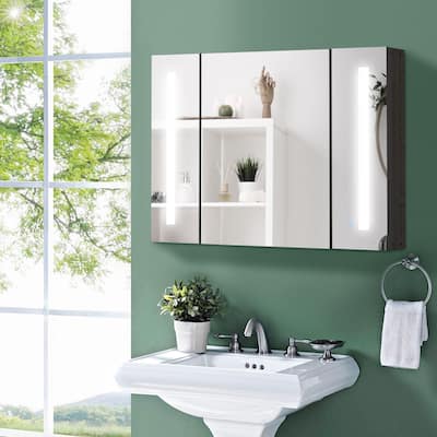 High Gloss Black MDF LED Bathroom Mirror Cabinet with Adjustable Shelves - 35.5" W x 6" D x 25.5" H
