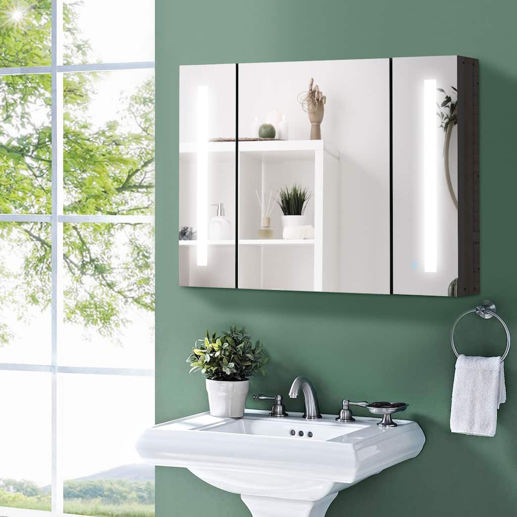 High Gloss Black MDF LED Bathroom Mirror Cabinet with Adjustable Shelves - 35.5" W x 6" D x 25.5" H