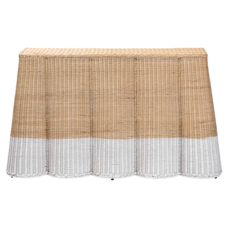 Palm Scallop Natural Rattan Console Table – Handwoven Wicker Accent Table for Hallway or Entryway, Coastal Décor, Rectangle