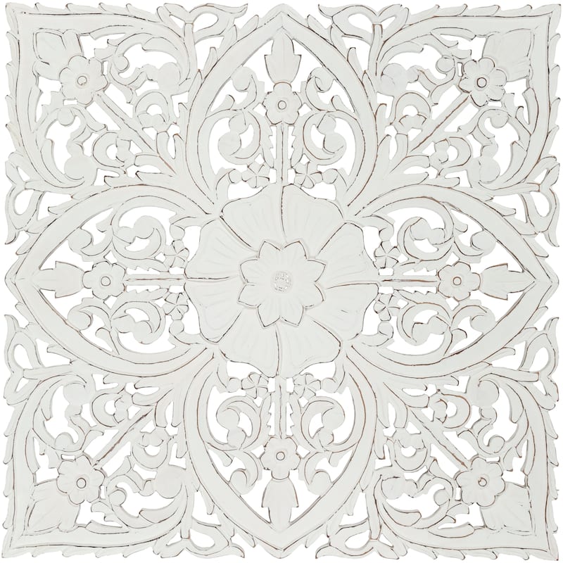 Barclay Hand Carved White Floral 35-inch Square Wall Panel - 35"H x 35"W