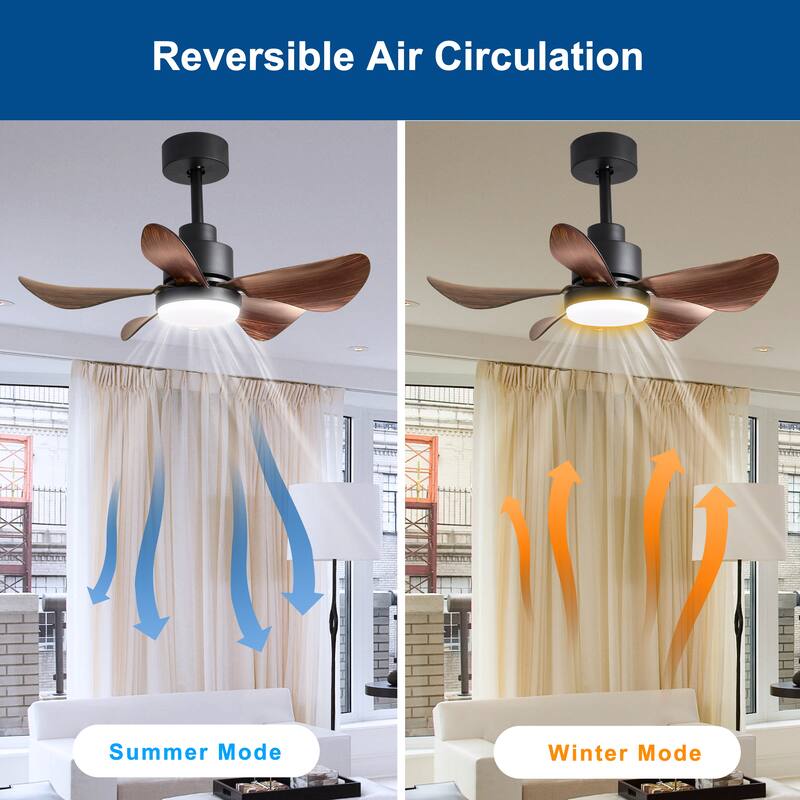 28 Inch Small Ceiling Fan with Lights Remote, 5 Blade Propeller Smart Ceiling Fan, 6 Speeds 3 Colors for Bedroom Kitchen