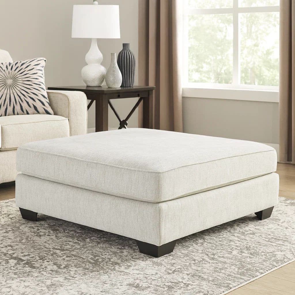Fabric Upholstered Oversized Ottoman with Tapered Legs, Off White