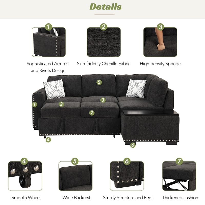 83.8" Sectional Pull-Out Sofa Bed L-Shaped Corner Sofa Couch with Storage Chaise, USB Ports, Power Sockets, Cup Holder for Livin