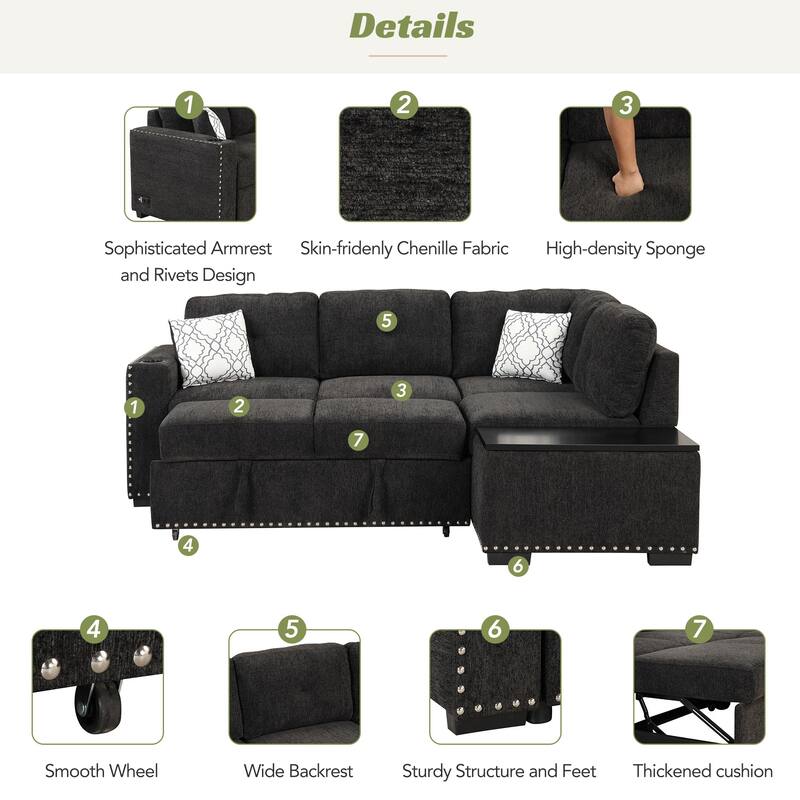 Pull-Out Sofa Bed L-Shape Sectional Sofa, Linen Deep Seat Sofa with Adjustable Headrest, Wireless Charging and Cup Holders