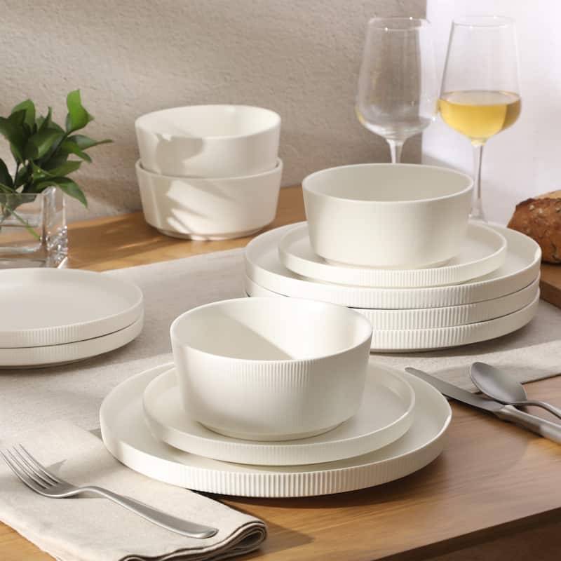 Gibson Home Dempsey Road 12-Piece Durable Modern Embossed Stoneware Dinnerware Set - Service for 4