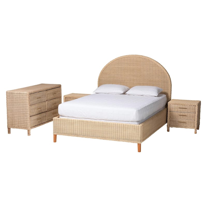 Lanica Japandi Sun-Bleached Braided Rattan Queen Size 4-Piece Bedroom Set - Queen