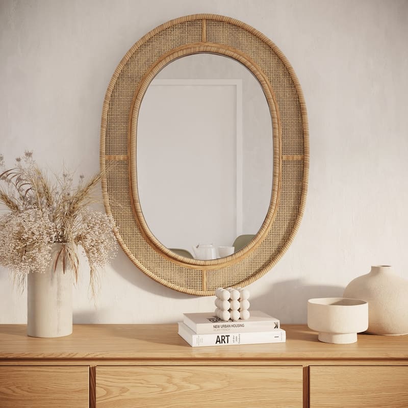 Brinley Rattan Oval Boho Wall Mirror - 32"H x 24"W x 1.5"D