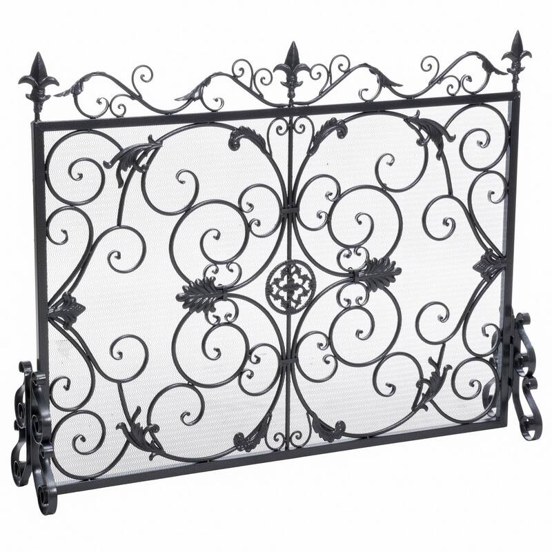 Fireplace Screen, 45 Inch Scroll Design with Mesh, Black Silver Iron