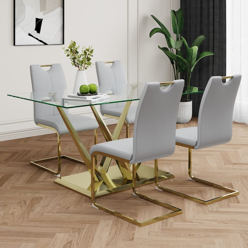 5-Piece Rectangular Dining Table Set for 4 Modern 63" Tempered Glass Kitchen Table with 4 Chairs, Luxury Dining Room Table Set