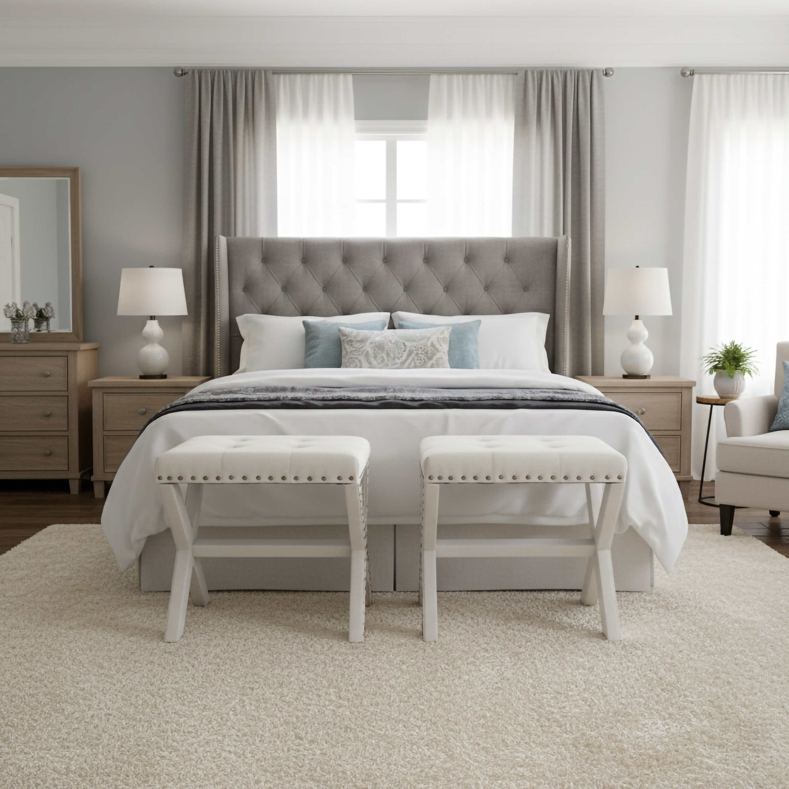 Modern Chic Vanity Stool X-Base Ottoman With Nailhead Trim (Set of 2)