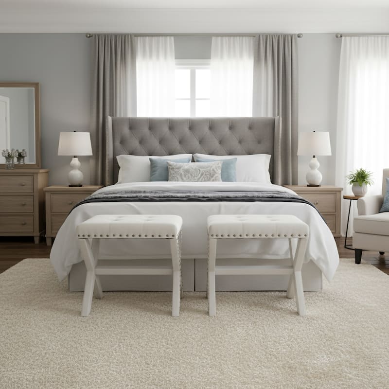 Modern Chic Vanity Stool X-Base Ottoman With Nailhead Trim (Set of 2) - Beige