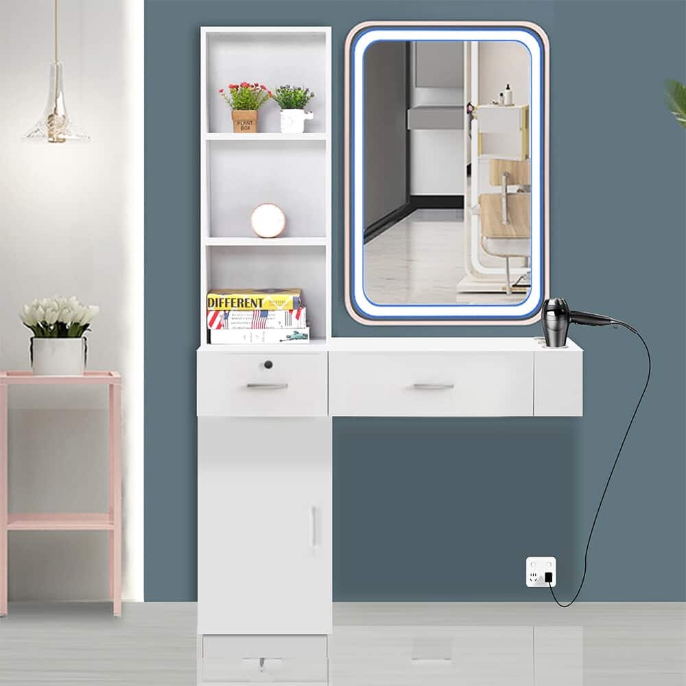 Wall Mount Makeup Vanity Dressing Table,Drawers & Hair Dryer Holder - W39.76*D13.19*H66.93