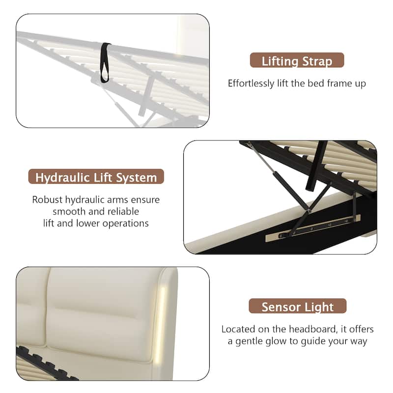 Modern Queen Size Hydraulic Platform Bed with Lift Storage and Sensor LED Lights, Metal Frame, No Box Spring Needed