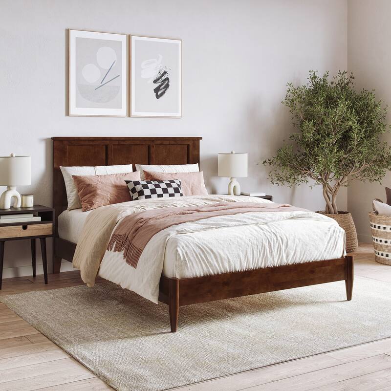 Solid Wood Low Profile Platform Bed with USB Ports - Walnut Finish, Full Size Bed Frame
