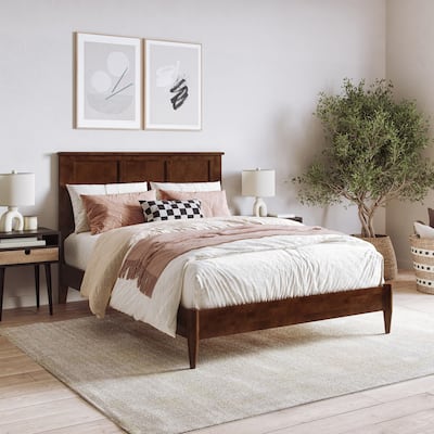 Solid Wood Low Profile Platform Bed with USB Ports - Walnut Finish, Full Size Bed Frame