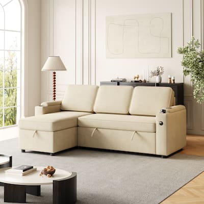 85.8-Inch Sleeper Sofa with Storage,L Shaped Sofa with Pull Out Bed and Charging Port 