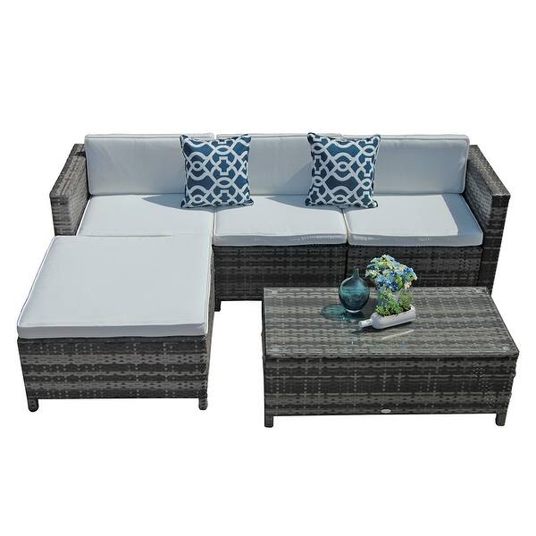 Shop Black Friday Deals On 5 Piece Patio Furniture Set All Weather Grey Pe Wicker Sectional Sofa With Glass Table Removable White Cushions 2 Pillows Overstock 32408887