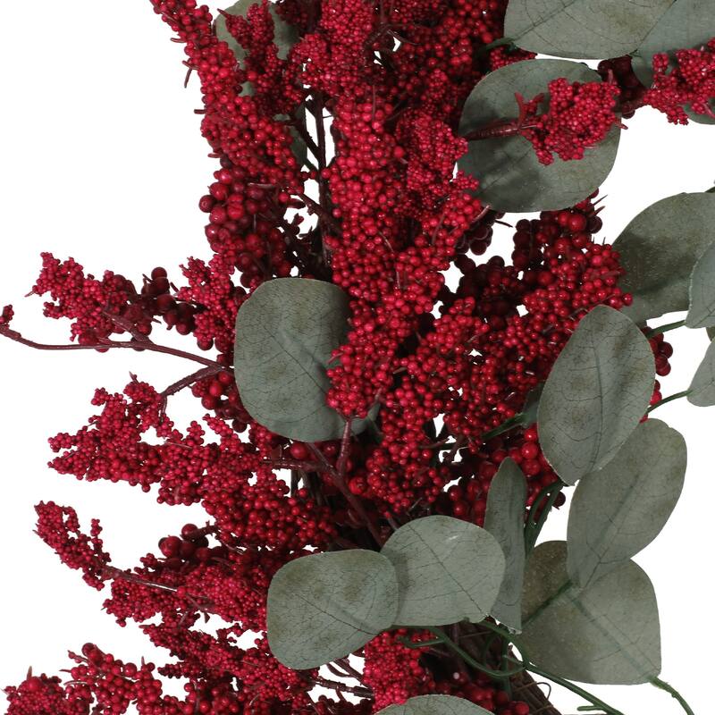 Decorative Hanging Wreath, 29 Inch Twig Red Faux Berries Eucalyptus