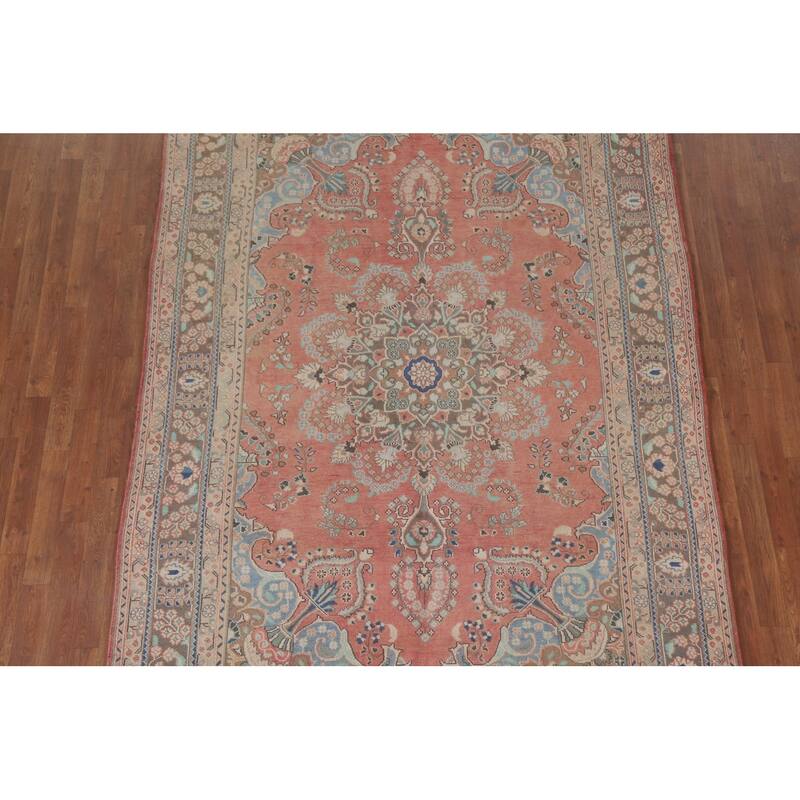 Hand Knotted Oriental 100% Wool Carpet Traditional Floral Pink Mashad Area Rug - 9' 5'' X 6' 2''