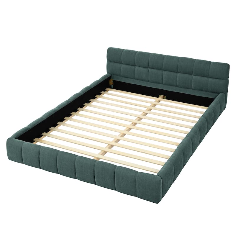 Block Thick Chenille Low Profile Platform Bed Fabric Upholstered Bedframe with Headboard Solid Wood Frame - Optional Storage Bed