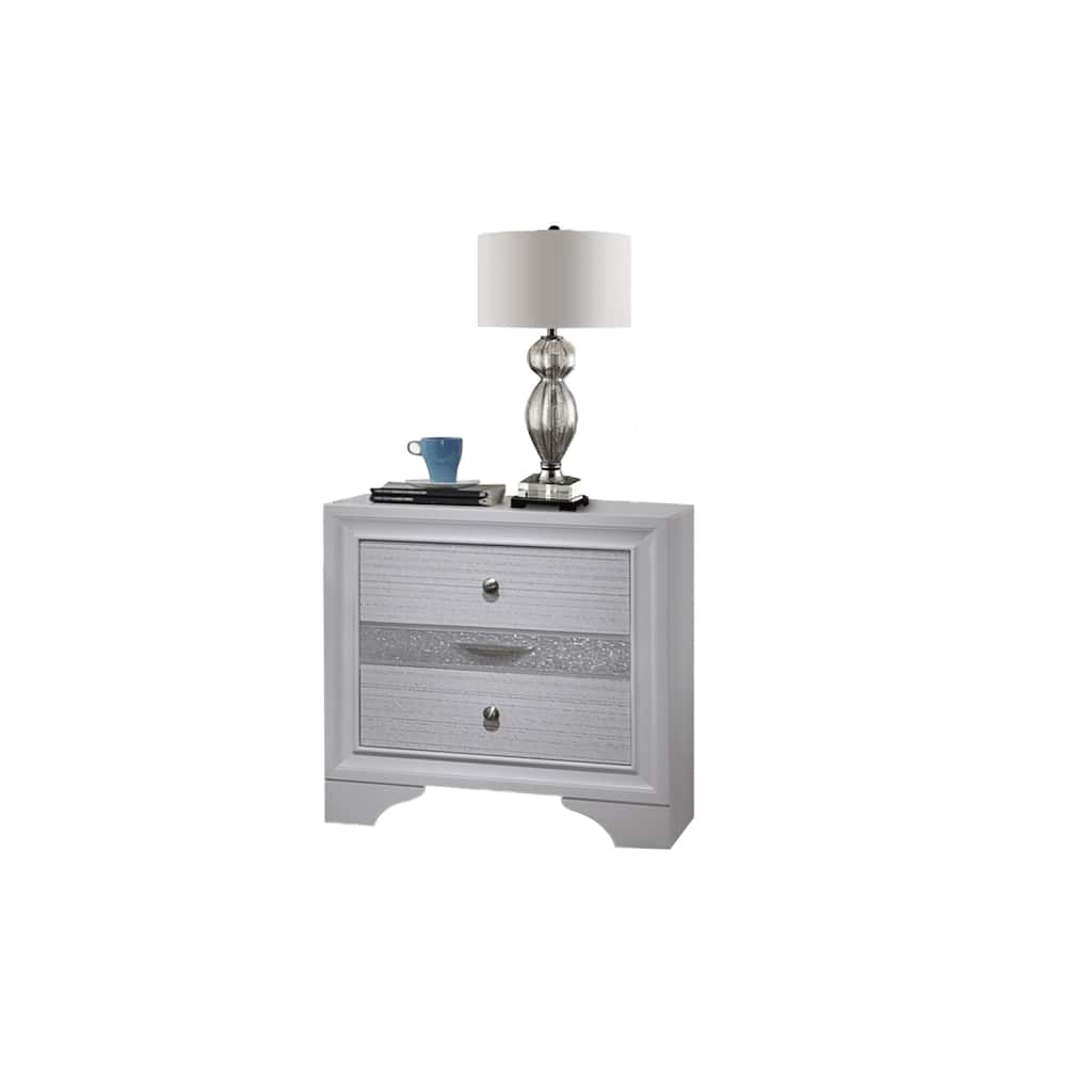 Traditional White 2-Drawer Nightstand with Metal Pulls, Acacia Wood Bedside Table