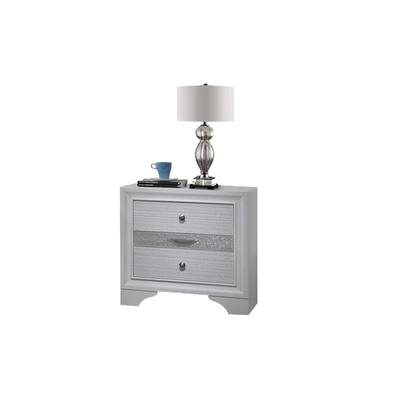 Traditional White 2-Drawer Nightstand with Metal Pulls, Acacia Wood Bedside Table - White