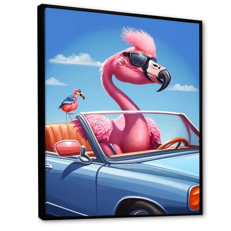 Designart "Pink Flamingo Wearing Sunglasses In Sportscar" Animals Flamingo Framed Canvas Art Print