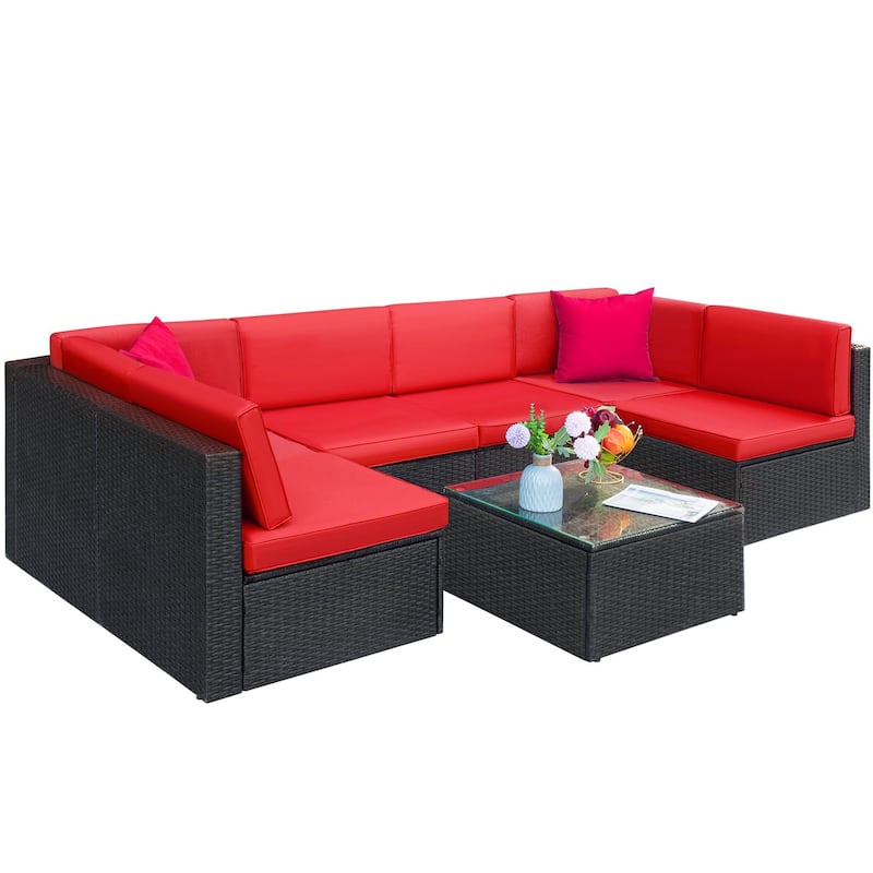 Lacoo 7 Pieces Outdoor Sectional Sofa Wicker Rattan Conversation Sets - Red