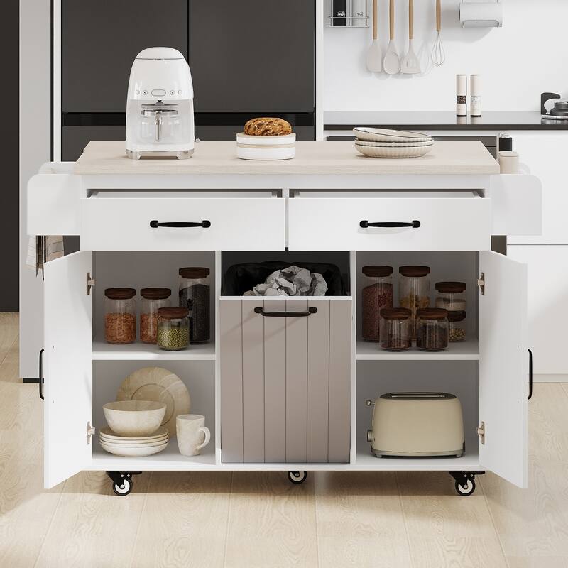 Kitchen Island w/Trash Storage, Drop Leaf, Spice & Towel Racks, Drawer, Adjustable Shelf & Wheels