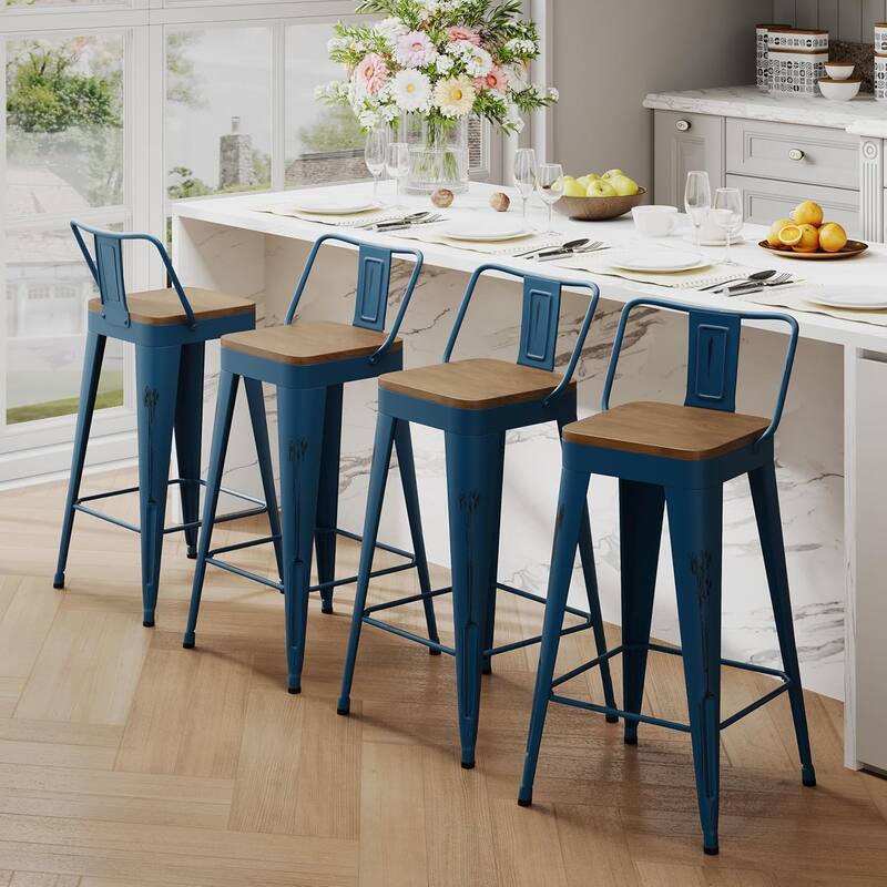 Industrial Style Counter Stools with Metal Frame 24" Kitchen Counter Height Stools with Low Back and Wooden Seat