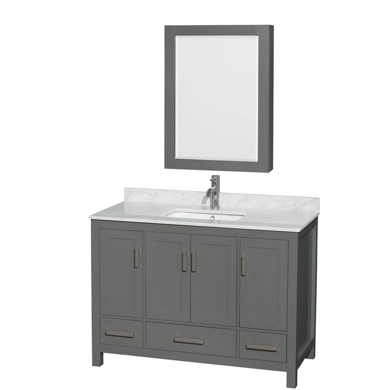 Wyndham Collection Sheffield Single Vanity Set, Medicine Cabinet - 48-Inch Single - Dark Gray, White Carrara Marble Top, Chrome Trim