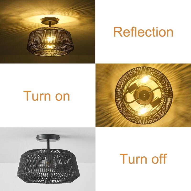 Starsky 2-Light Modern Bohemian Ceiling Light Drum Semi Flush Mount with Natural Handmade Rope Paper Shade