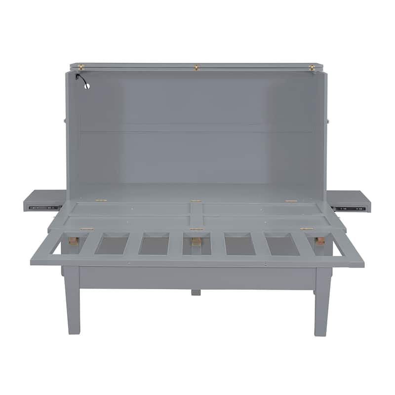 Full/Queen Size Murphy Bed with Dual Power/USB Charging and Movable Desks, Pine Wood Construction