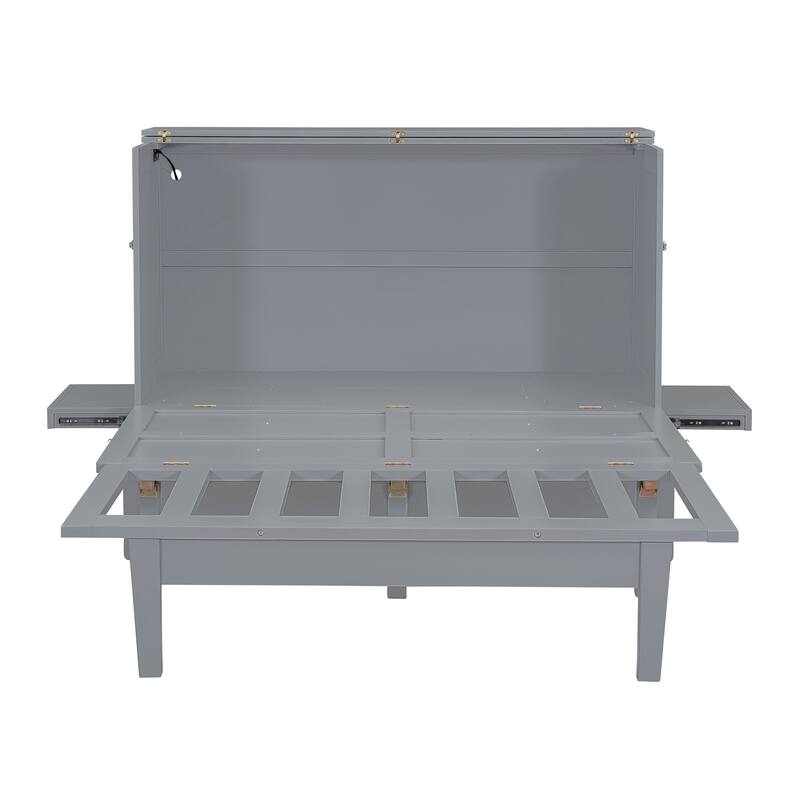 Murphy Cabinet Bed Frame with Charging Station and Shelf / Desk, Wood Foldable Platform Bed Cabinet Bed for Bedroom Guest Room